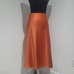 Rachel Zoe Women's Satin Elastic Waist A-Line Midi Skirt 16W Burnt Orange Sheen